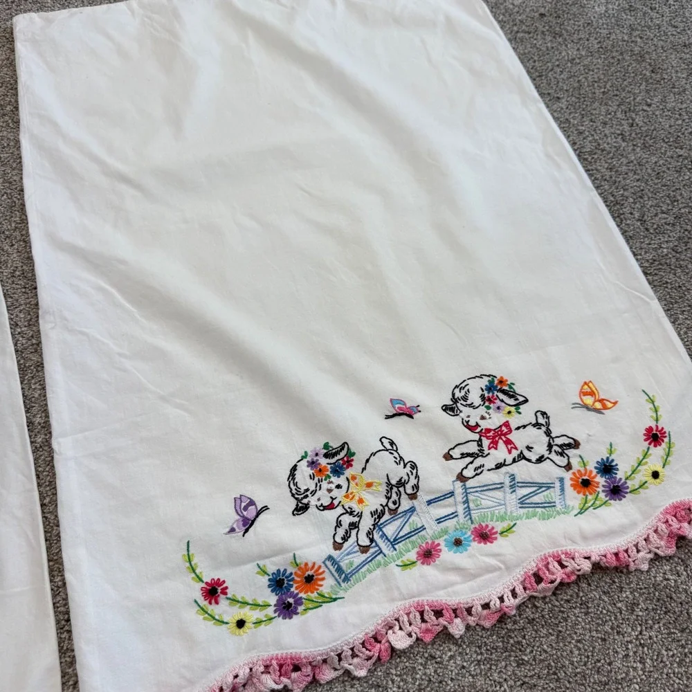 Vintage Hand Embroidered Pillowcase Set Lambs Roses Crochet Trim Cottagecore 2pc